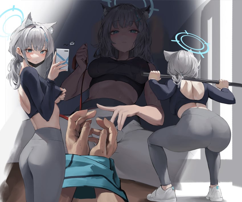 1boy 1girls abydos_high_school_student ass blue_archive blue_eyes bottom_heavy breasts bubble_butt clothed exercise female female_only femdom fit_female foreclosure_task_force_(blue_archive) from_behind grey_hair gym_clothes halo hi_res hiki_niito leviathan_(hikinito0902) pants rear_view restrained selfie shiroko_(blue_archive) spread_legs squatting tied_up underboob weightlifting wolf_ears wolf_girl workout_clothes yandere yoga_pants