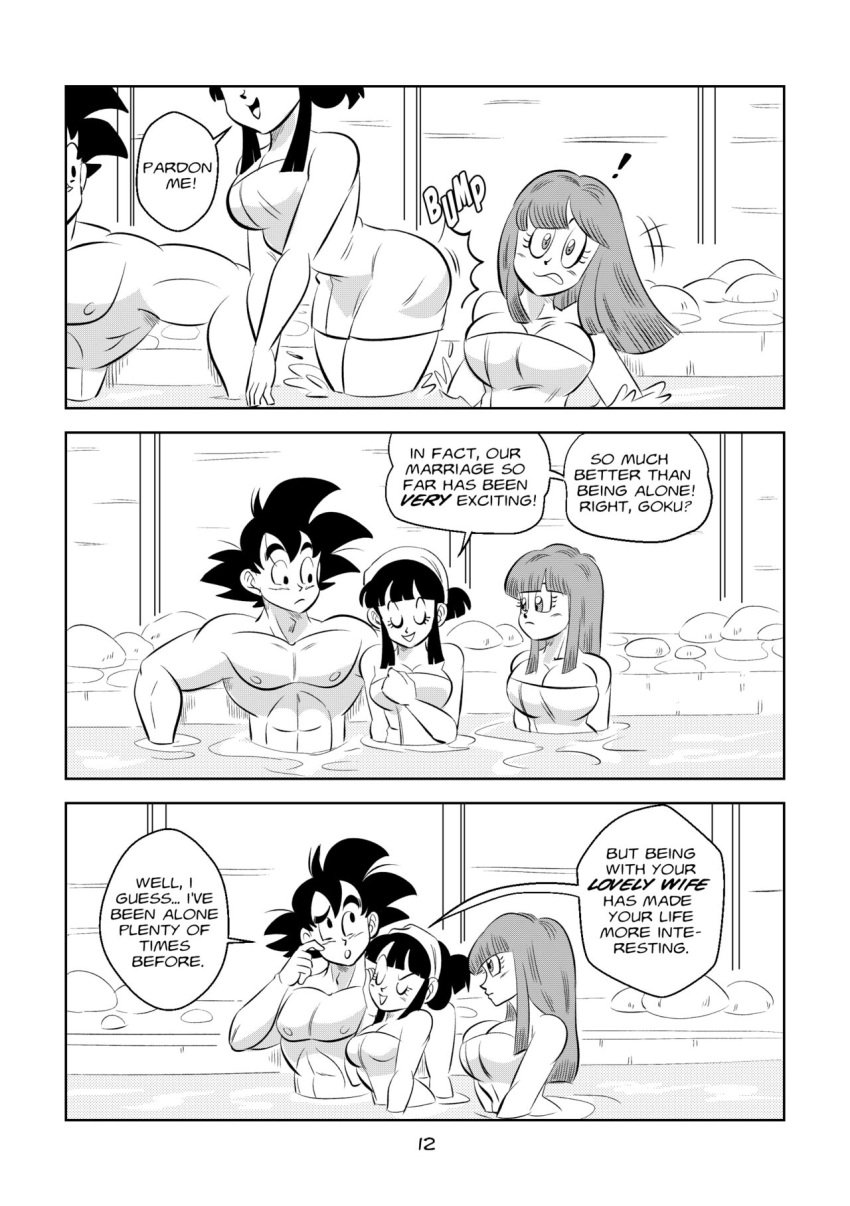 ! 1boy 2girls abs big_breasts black_and_white breasts chichi closed_eyes comic dragon_ball dragon_ball_super dragon_ball_z funsexydragonball hot_spring monochrome muscular_male page_12 son_goku suno_(dragonball) towel