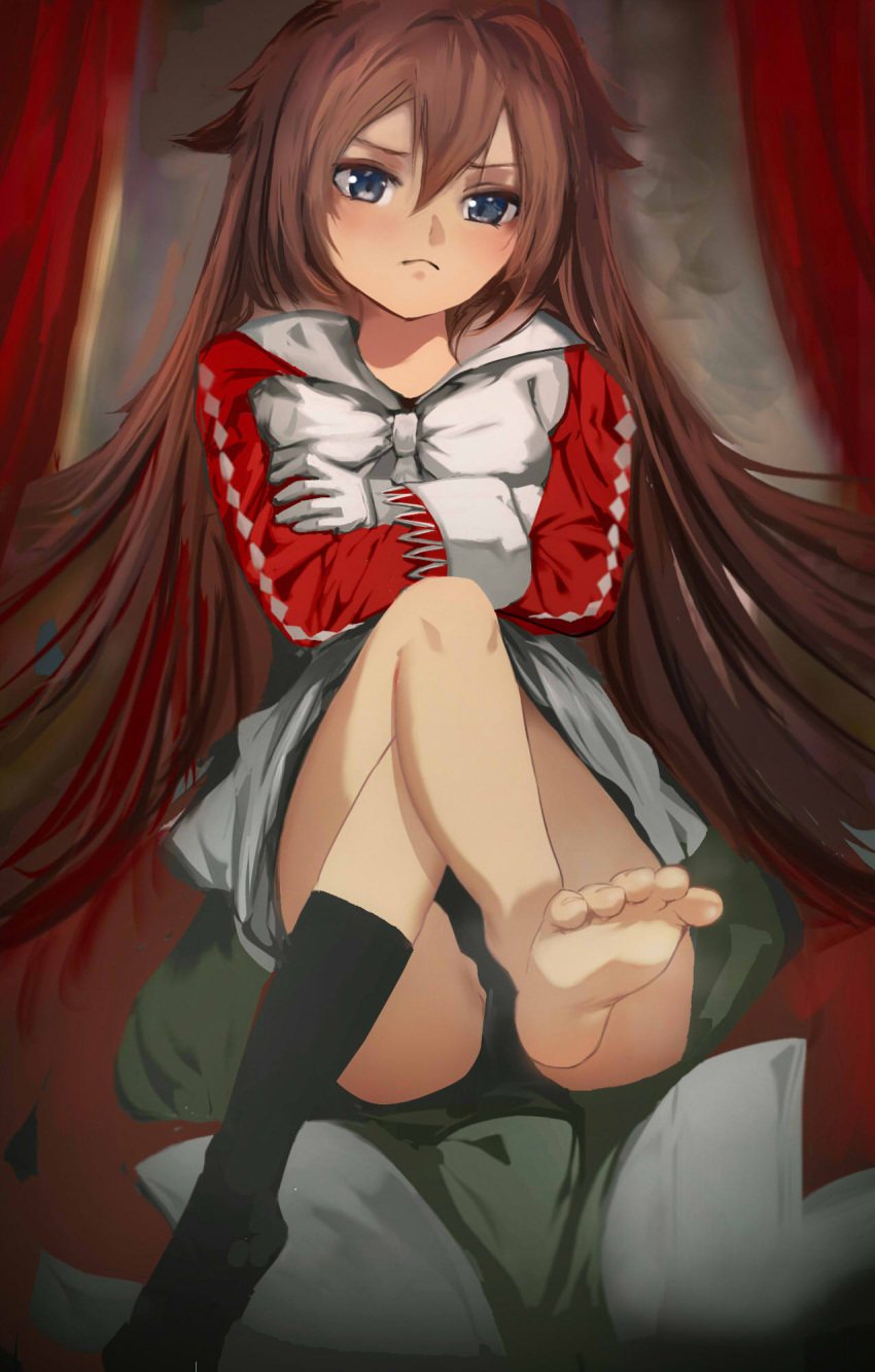 alice_(pandora_hearts) barefoot black_panties blue_eyes brown_hair crossed_arms female female_only foot_fetish frown fully_clothed long_hair looking_at_viewer pandora_hearts panties rencaichch single_sock sitting soles solo very_long_hair