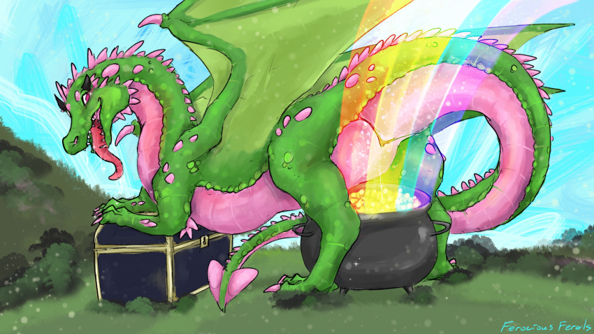 animal_genitalia bodily_fluids cauldron claws cloaca cloaca_juice coin dorsal_ridge dragon drooling drooling_tongue fangs female feral ferocious_ferals general_mills genital_fluids genitals gold_(metal) gold_coin grass green_body green_legs green_scales green_wings hi_res horn juice_string looking_at_viewer lucky_charms multicolored_body nature nature_background pink_body pink_claws pink_eyes pink_scales plant pot_of_gold presenting presenting_cloaca rainbow raised_tail red_tongue saliva saliva_on_tongue scales scalie shrub side_view sky solo spade_tail spines tail teeth tongue tongue_out treasure_chest two_tone_body western_dragon wings