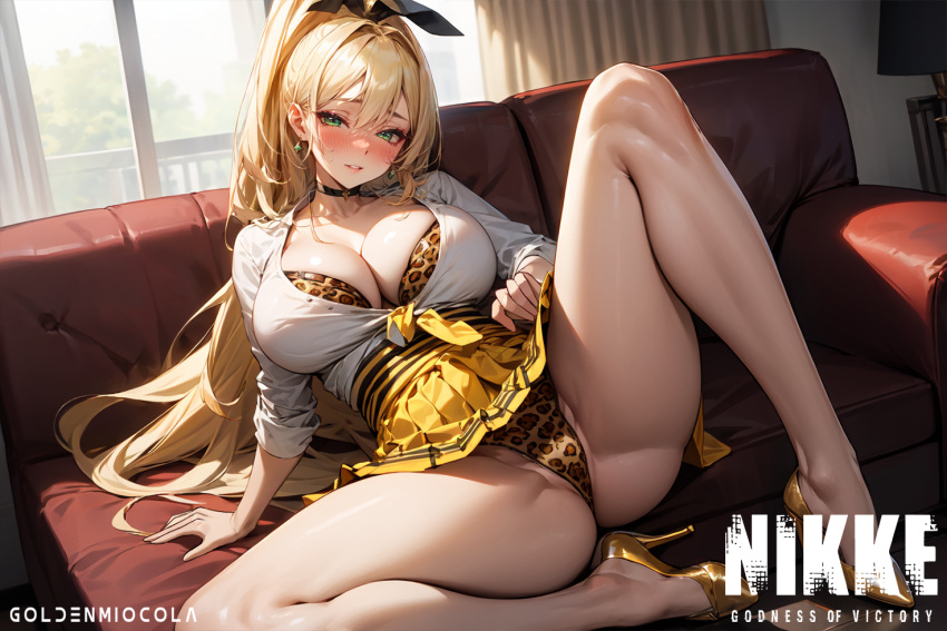 ai_generated big_breasts blonde_hair blushing_at_viewer cameltoe couch exposing_pussy goddess_of_victory:_nikke green_eyes gyaru heels leopard_print_bikini rupee_(nikke)