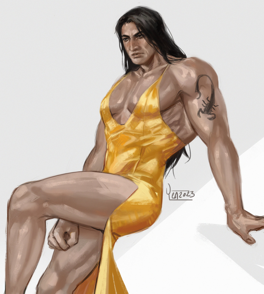 abs big_thighs black_hair blush dress kuai_liang long_hair male mortal_kombat mortal_kombat_1_(2023) muscular muscular_male scorpion_(mortal_kombat) solo solo_male tattoo thighs warner_brothers yellow_clothing yenyenyen19