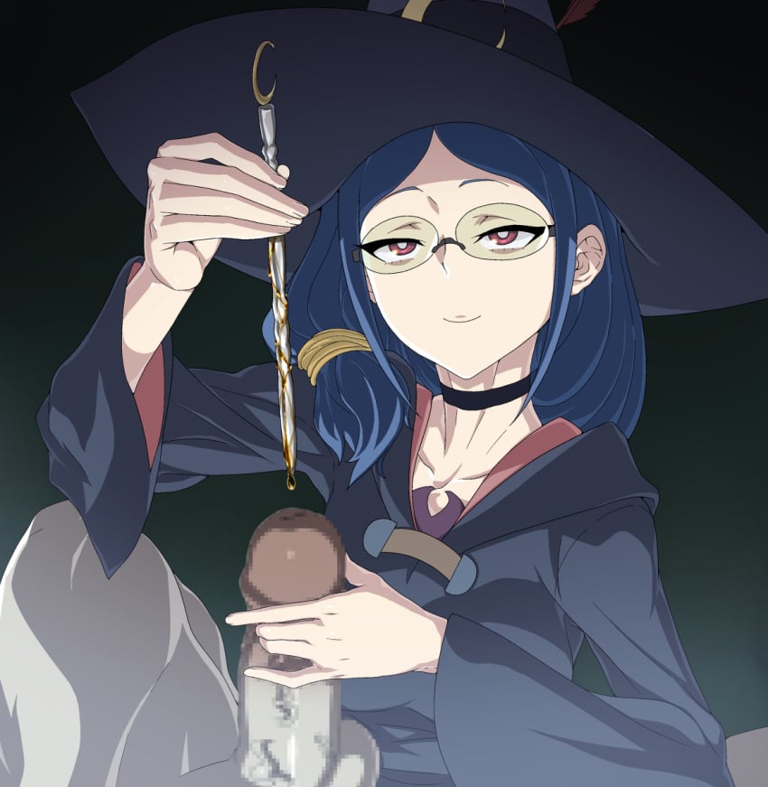 1boy 1girls alternate_version_available artist_request blue_hair censored clothed crazy female glasses insertion little_witch_academia long_hair male_urethral_insertion milf pain painful painful_insertion penis penis_insertion red_eyes simple_background stick thighs torture urethral_insertion ursula_callistis weird witch witch_hat