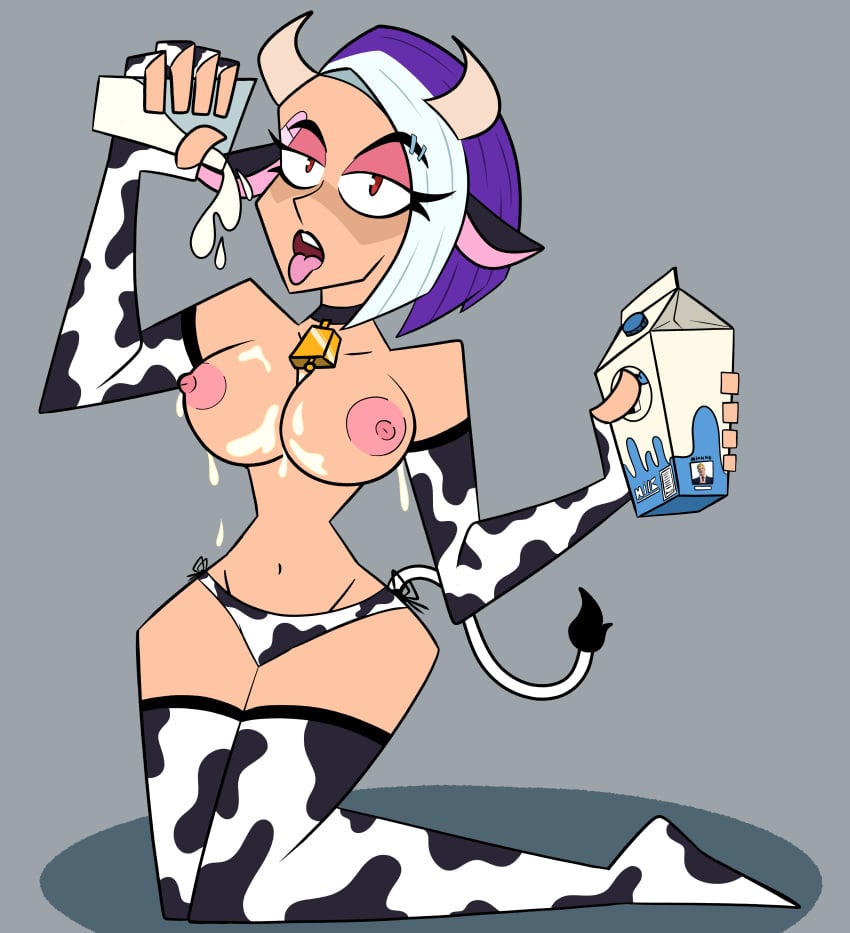 1female 1girls alternate_version_available areola areolae armwear bandage bell bell_collar big_breasts black_collar breasts breasts_out catalyst_(fortnite) collar cow_bell cow_bikini cow_costume cow_ear cow_ears cow_horn cow_horns cow_print cow_print_armwear cow_print_bikini cow_print_panties cow_print_stockings cow_print_thong cow_suit cow_tail ear_piercing female female_only female_solo fortnite fortnite:_battle_royale glass_of_milk holding_glass holding_milk legwear looking_at_viewer mega_milk milk milk_carton milk_on_body milk_on_breasts mostly_nude nipples open_mouth pink_areola pink_bandage purple_hair red_eyes simple_background simple_shading sitting socks solo solo_female solo_focus tagme tail tongue tongue_out white_hair