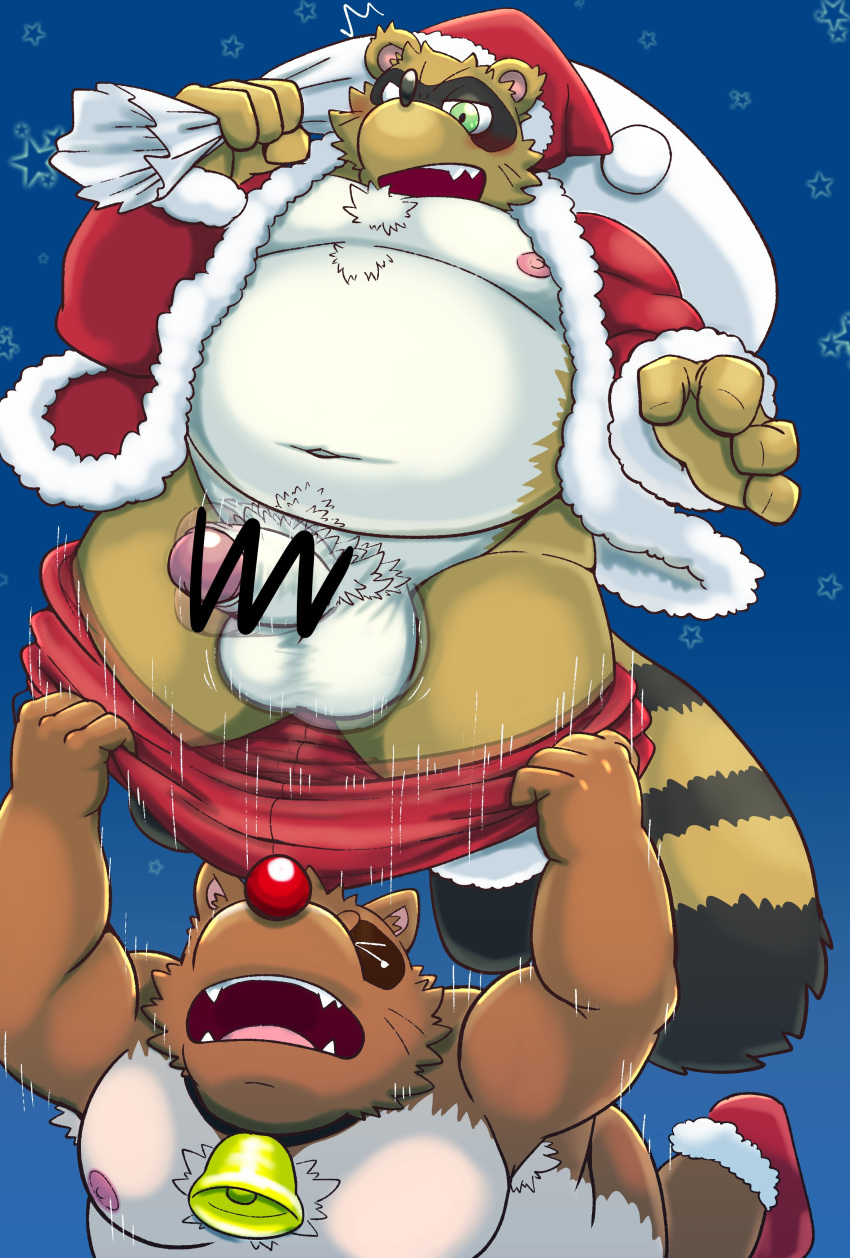 2023 absurd_res anthro balls belly big_belly blush bottomwear bottomwear_down brown_body brown_fur canid canine censored christmas christmas_clothing christmas_headwear closed_eyes clothed clothing costume duo fur genitals green_eyes hat headgear headwear hi_res holidays humanoid_genitalia humanoid_hands humanoid_penis kemono male mammal moobs navel nipples overweight overweight_male pants pants_down partially_clothed penis pubes raccoon_dog rockmai3 santa_claus santa_costume santa_hat sengoku_puzzle shadow_ieyasu tanuki tokugawa_ieyasu white_body white_fur