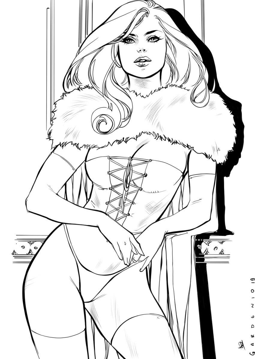 big_breasts breasts cape cleavage corset emma_frost female female_only fur_collar fur_trim gardenio_lima hellfire_club ink line_art long_hair marvel marvel_comics opera_gloves panties psychedelicheroin thighhighs white_queen x-men