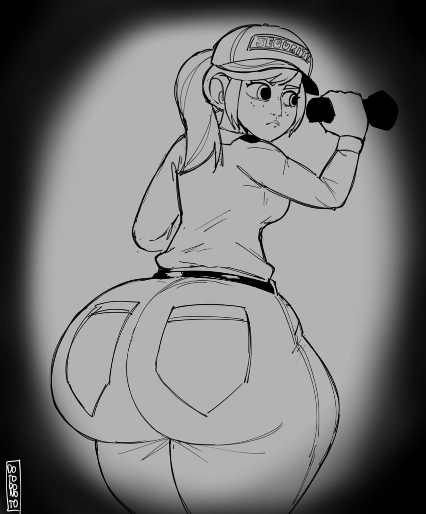 1girls ass big_ass bottom_heavy bubble_butt clothing dotodonoto fat_ass female female_only five_nights_at_freddy's flashlight freckles huge_ass human large_ass looking_back security_guard solo thick_ass thick_thighs thunder_thighs vanessa_(fnaf) wide_hips