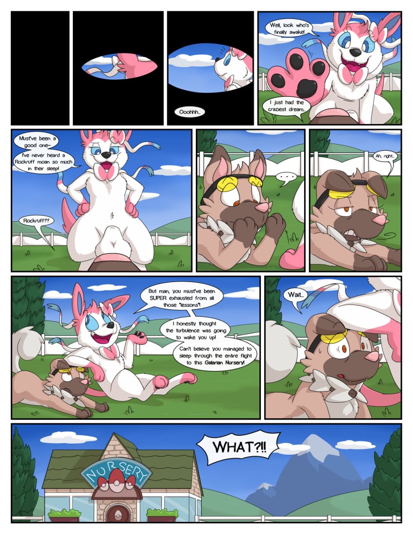 awakening blue_eyes comic duo dweet-tea eeveelution english_text eyewear female feral generation_6_pokemon generation_7_pokemon genitals glasses grass hi_res jaki-kun_(character) male nintendo penis plant pokemon pokemon_(species) pokemon_daycare ribbons rockruff sylveon tail text