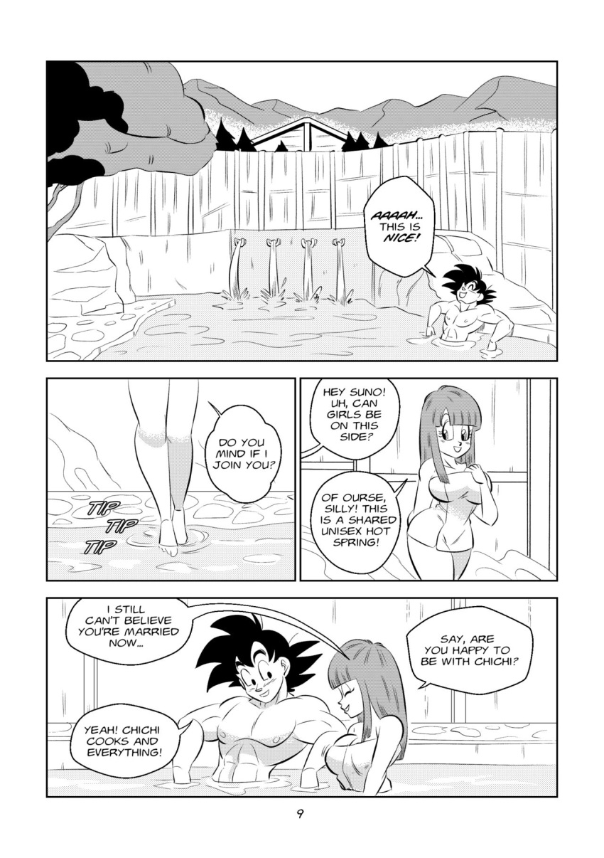 1boy 1girls abs big_breasts black_and_white breasts comic dragon_ball dragon_ball_super dragon_ball_z funsexydragonball hot_spring monochrome muscular_male page_9 son_goku suno_(dragonball) towel