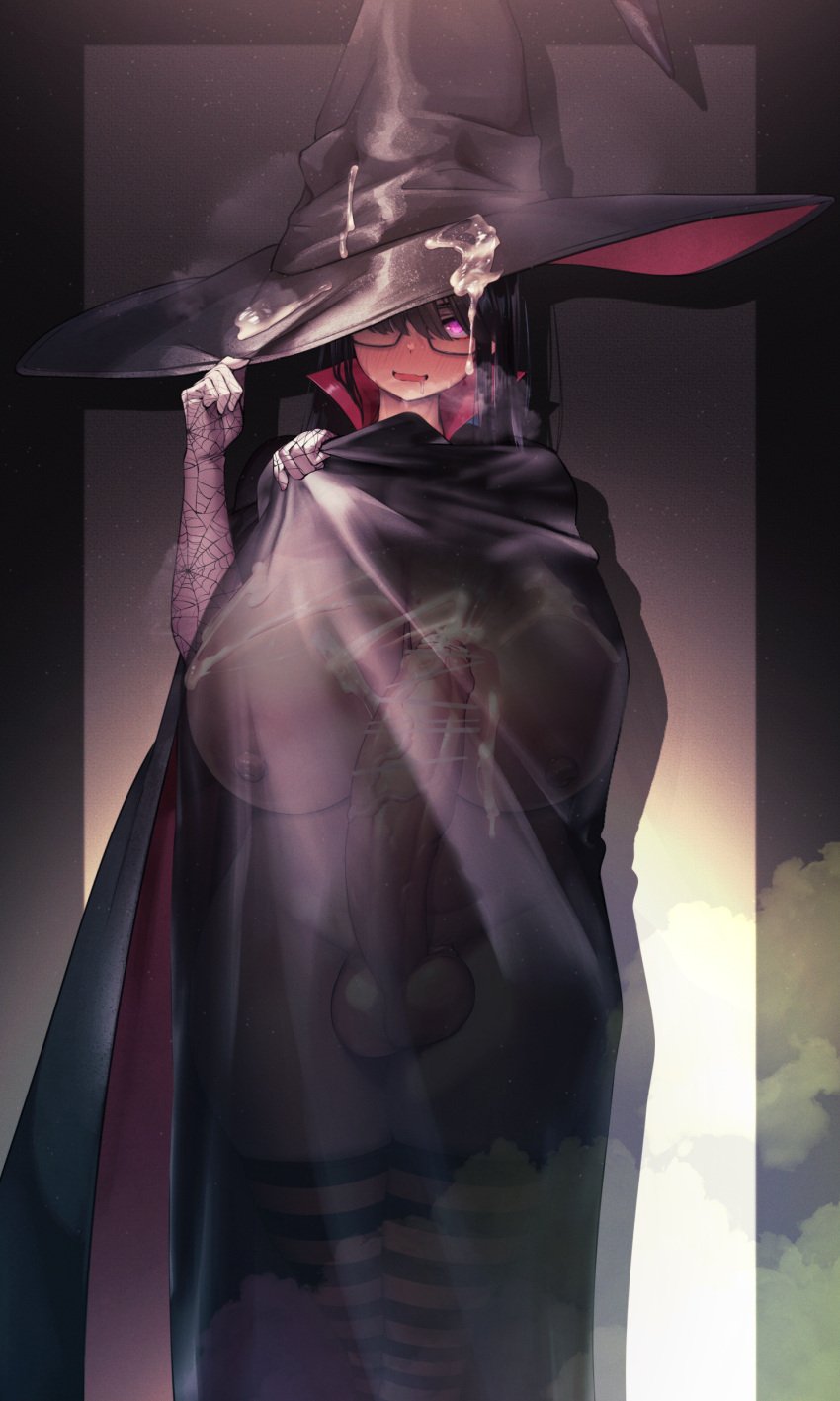 1futa 3rd_party_edit adjusting_hat balls ballsack big_balls big_hat big_penis bikini breasts breasts_bigger_than_head chubby chubby_futanari cleavage cloak clothed clothing cowl cropped_legs dark_hair edit elbow_gloves foreskin front_view full_cleavage futa_only futanari glasses gloves halloween hat headwear horny huge_breasts huge_cock human intact light-skinned_futanari light_skin lowleg_panties mantle pale_skin penis purple_eyes scrotum see-through shaved_crotch skindentation soft_breasts solo solo_futa standing striped_legwear testicles thick_thighs thigh_socks thighhighs translucent translucent_clothing underboob veiny_penis white_breasts wide_hips witch_hat yana_(nekoarashi)