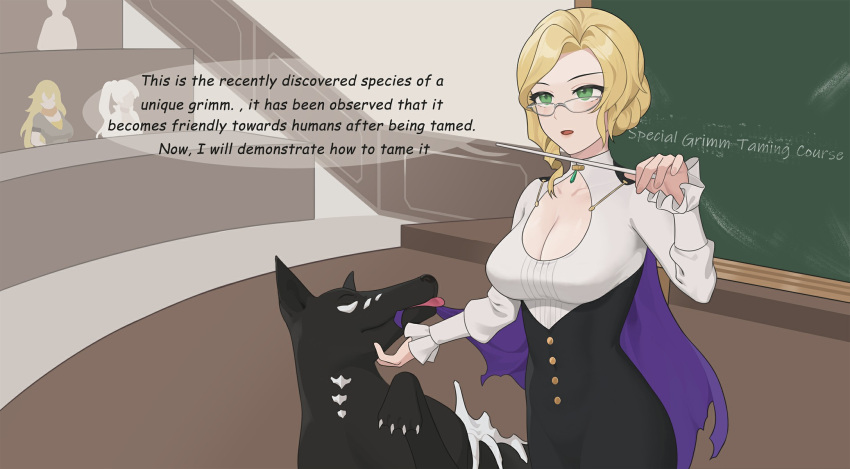 1dog 1girls 1monster blonde_hair english english_dialogue english_text feral_on_female feral_on_human glynda_goodwitch green_eyes grimm_(rwby) pbf113 pengin_shokushu_tsukai rwby sex_ed sex_education speech_bubble weiss_schnee yang_xiao_long zoophilia