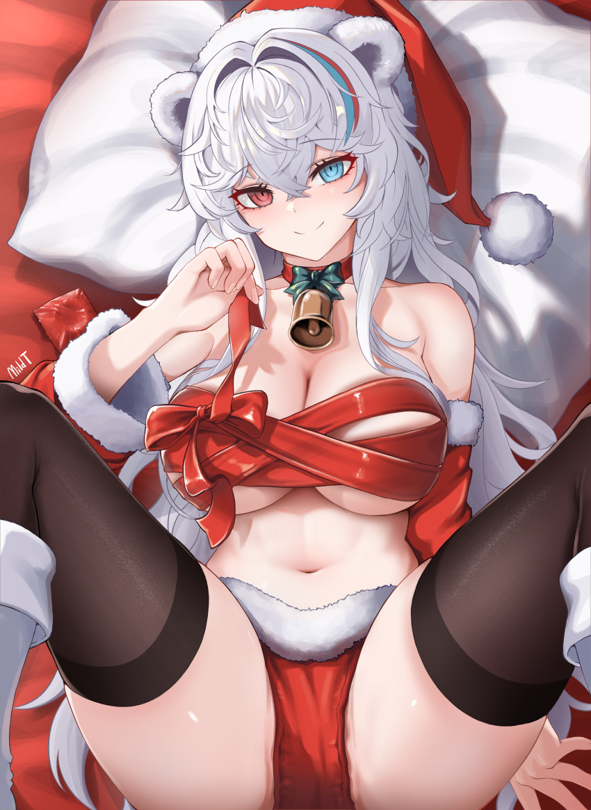 2023 animal_ears arknights bare_shoulders bear_ears bear_girl bell bikini breasts christmas cleavage condom condom_wrapper covered_pussy detached_sleeves female fur_trim hat hi_res large_breasts looking_at_viewer lying m_legs mildt multicolored_hair neck_bell on_back ribbon ribbon_bra rosa_(arknights) santa_bikini santa_costume santa_hat smile streaked_hair swimsuit thighhighs white_hair