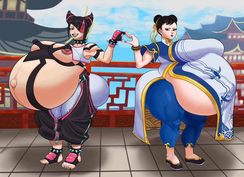 2girls asian ass barefoot beauty_mark black_eyes black_hair blush breasts capcom chinese chinese_clothes chun-li disproportional erect_nipples heart_hands_duo huge_breasts human hyper_belly hyper_breasts hyper_pregnancy juri_han korean large_ass linea_nigra lipstick popped_navel pregnant purple_eyes ready_to_pop scunnerturn spiked_collar street_fighter street_fighter_6 thick_thighs wide_hips