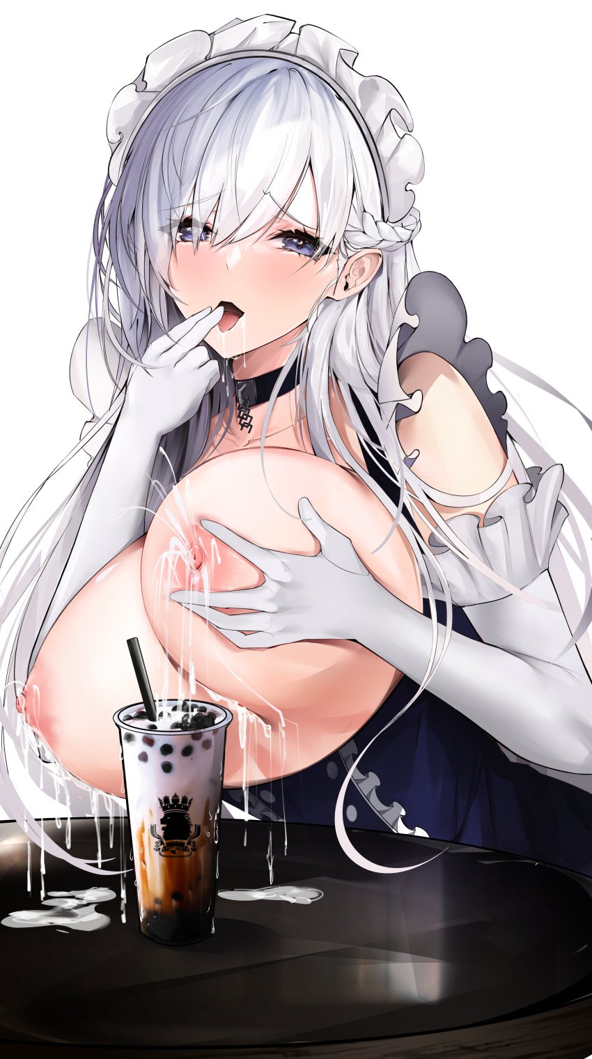 1girls azur_lane belfast_(azur_lane) big_breasts blue_eyes breast_grab breasts_out collar elbow_gloves female huge_breasts lactating_into_cup lactation maid maid_uniform milk solo spice_(spicezzumi) white_gloves white_hair