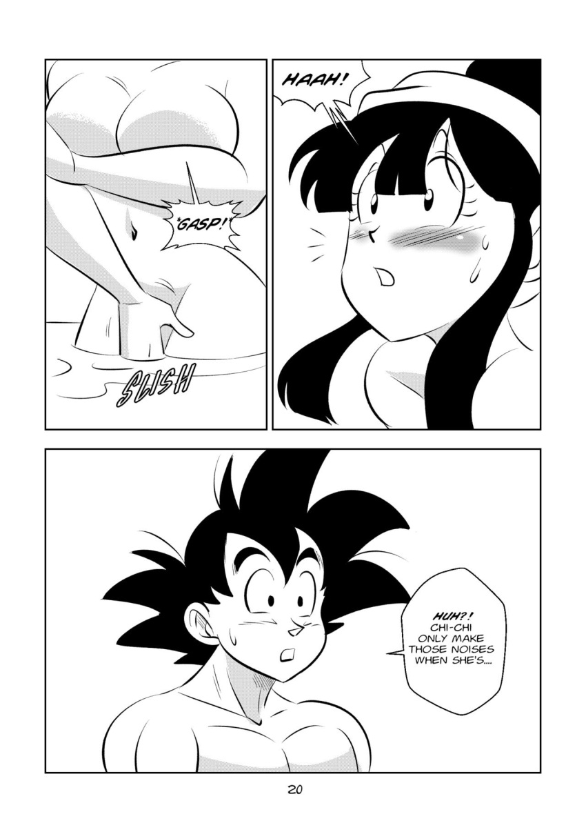 1boy 2girls big_breasts black_and_white blush breasts chichi comic dragon_ball dragon_ball_super dragon_ball_z fingering funsexydragonball hot_spring monochrome page_20 son_goku suno_(dragonball) sweatdrop yuri