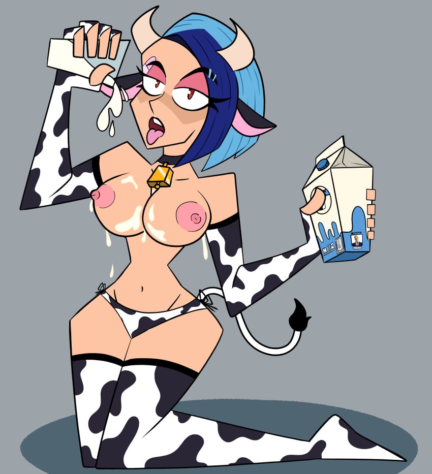 1female 1girls alternate_version_available areola areolae armwear bandage bell bell_collar big_breasts black_collar blue_hair breasts breasts_out catalyst_(fortnite) collar cow_bell cow_bikini cow_costume cow_ear cow_ears cow_horn cow_horns cow_print cow_print_armwear cow_print_bikini cow_print_panties cow_print_stockings cow_print_thong cow_suit cow_tail ear_piercing female female_only female_solo fortnite fortnite:_battle_royale glass_of_milk holding_glass holding_milk legwear looking_at_viewer mega_milk milk milk_carton milk_on_body milk_on_breasts mostly_nude nipples open_mouth pink_areola pink_bandage red_eyes simple_background simple_shading sitting socks solo solo_female solo_focus tagme tail tongue tongue_out