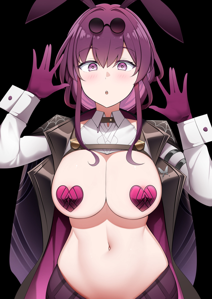 1girls blush breasts bunny_ears coat fake_animal_ears gloves hands_up heart_pasties honkai:_star_rail honkai_(series) kafka_(honkai:_star_rail) large_breasts limelam06 long_sleeves looking_at_viewer navel open_mouth pasties rabbit_ears reverse_bunnysuit shrug_(clothing) sunglasses sunglasses_on_head thighhighs topless