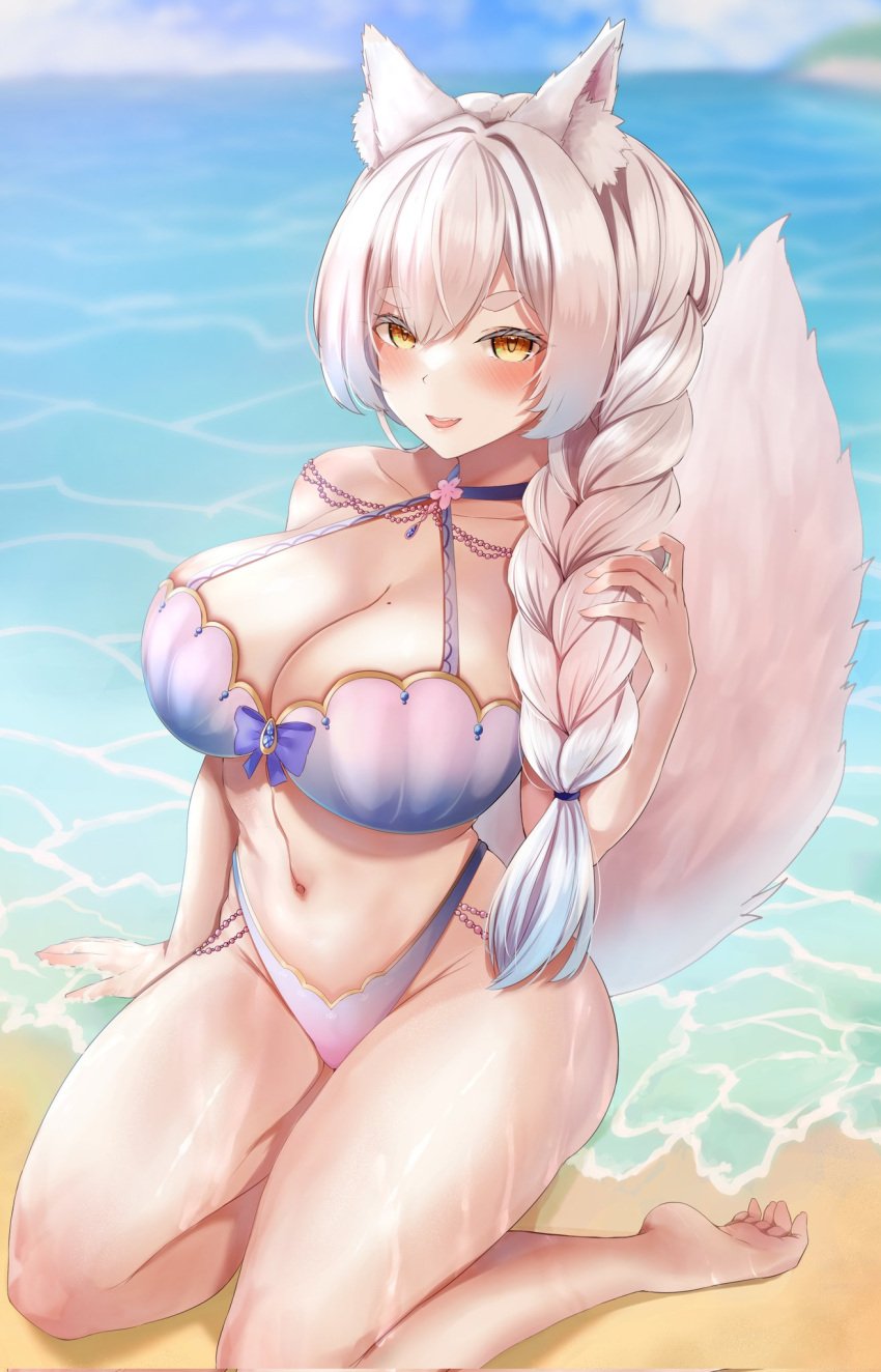 1girls animal_ears beach belly_button bikini blush breasts cleavage female female_only huge_breasts indie_virtual_youtuber jewelry light-skinned_female light_skin ookamin ookamin_(artist) outside sand solo swimsuit tail thick_eyebrows virtual_youtuber water white_hair wolf_ears wolf_girl wolf_tail yellow_eyes