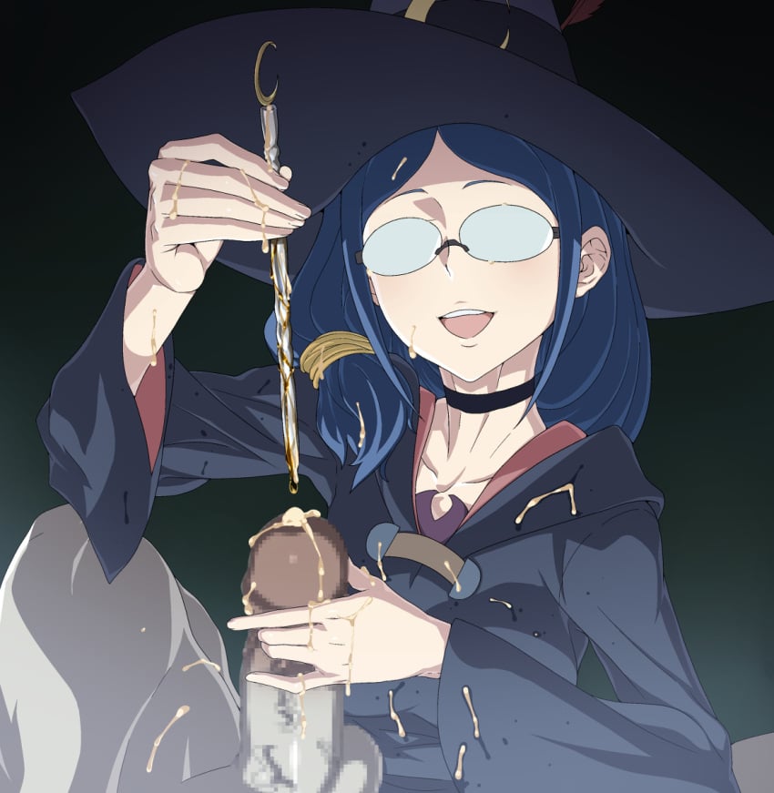 1boy 1girls alternate_version_available artist_request blue_hair censored clothed crazy cum cum_on_body female glasses insertion little_witch_academia long_hair male_urethral_insertion milf pain painful painful_insertion penis penis_insertion red_eyes semen simple_background stick thighs torture urethral_insertion ursula_callistis weird witch witch_hat