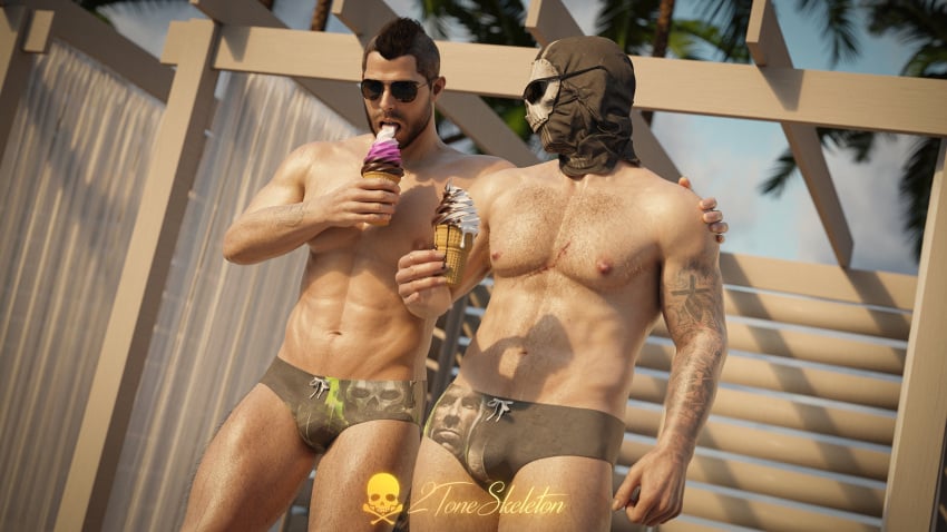 2toneskeleton 3d abs activision bromance call_of_duty call_of_duty_modern_warfare_2_(2022) day daytime friendly friends ghost_(modern_warfare_2) himbo ice_cream ice_cream_cone ice_cream_drip infinity_ward john_mactavish male/male male_focus male_only male_pov masculine masked masked_male muscles muscular muscular_male nonsexual outdoors pecs scar_on_chest simon_riley skimpy soap_(modern_warfare_2) sunglasses swimsuit vacation wholesome