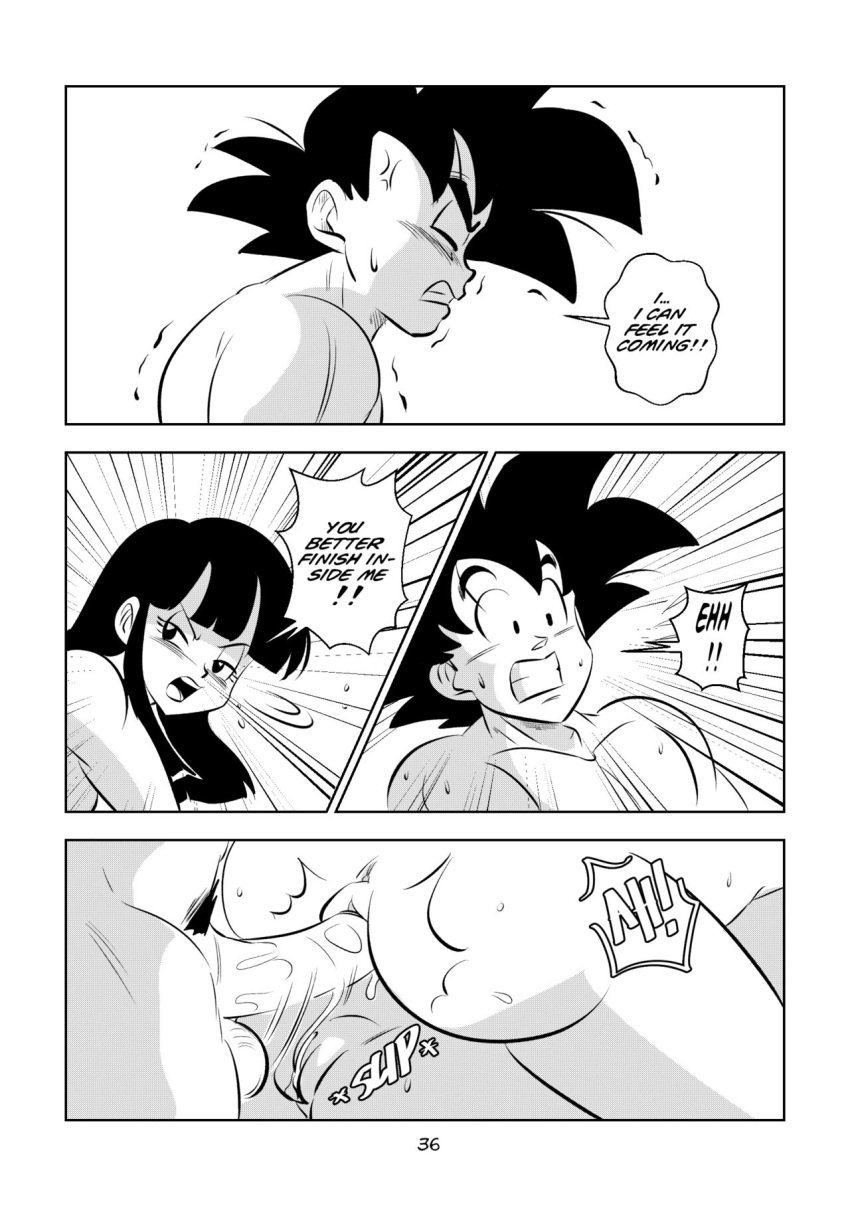 1boy 2girls black_and_white blush chichi closed_eyes dragon_ball dragon_ball_super dragon_ball_z funsexydragonball monochrome naked page_36 sex son_goku suno_(dragonball) sweat vaginal_penetration