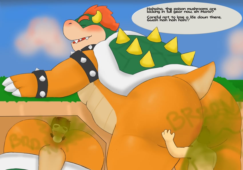 anthro ass big_butt bowser butt_sniffing closed_eyes dialogue duo fart fart_cloud fart_sniffing farting_on_another farting_on_face human ivory-dove koopa male male/male mammal mario mario_(series) nintendo nose_to_anus obese obese_male overweight overweight_male raised_tail scalie size_difference sniffing speech_bubble tail