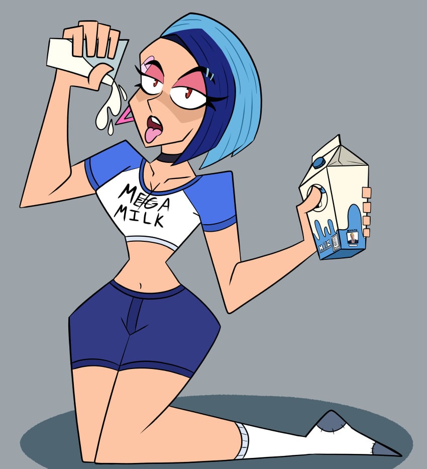 1female 1girls alternate_version_available bandage black_collar blue_hair catalyst_(fortnite) clothing collar ear_piercing female female_only female_solo fortnite fortnite:_battle_royale fully_clothed fully_clothed_female glass_of_milk holding_glass holding_milk looking_at_viewer mega_milk milk milk_carton open_mouth pink_bandage red_eyes safe_for_work simple_background simple_shading sitting socks solo solo_female solo_focus tagme tongue tongue_out