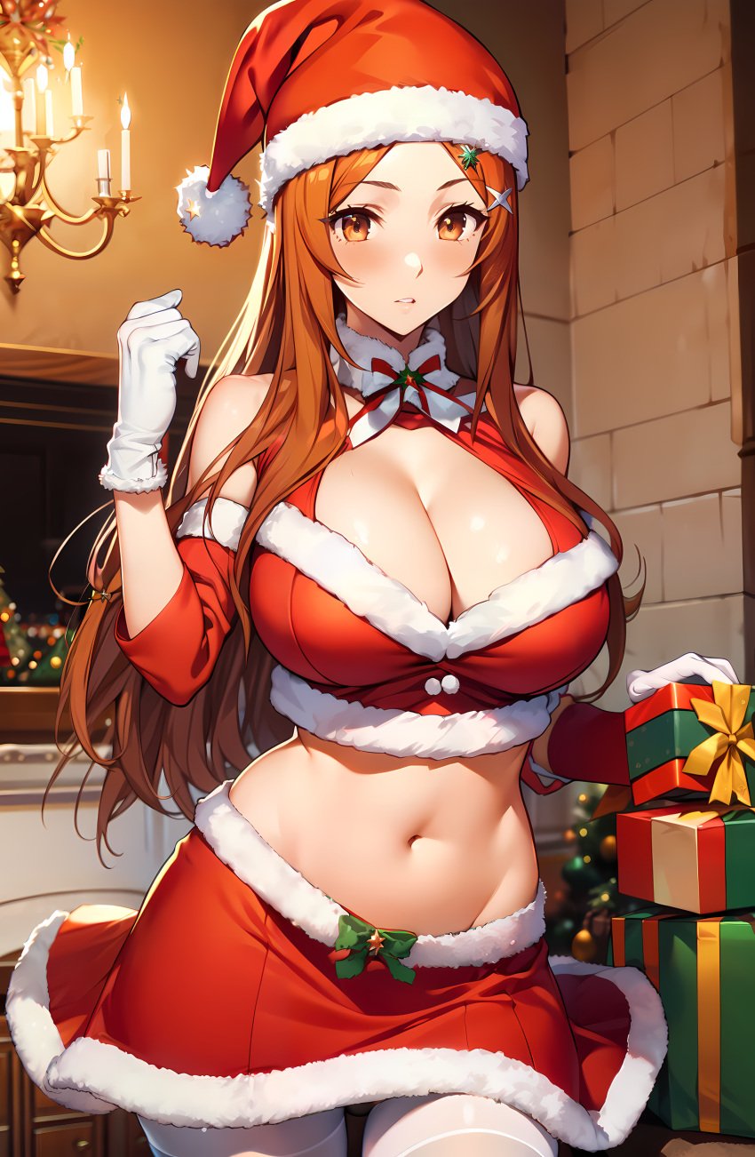 ai_generated bleach breasts brown christmas christmas_outfit cleavage costume curvaceous eyes female gloves hair hairclip hat inoue_orihime large long merry midriff navel orange pantyhose sack santa skirt slender solo stable_diffusion thighhighs unstable_diffusion