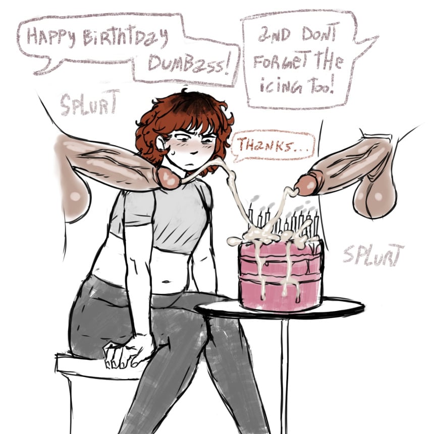 ashamed big_balls birthday birthday_cake blush cake chubby clothed confused cum cum_on_cake cum_on_food cum_shot curly_hair disembodied_penis femboy food food_play forced_exposure forced_yaoi gay midriff multiple_boys original penis punishment red_hair redgossip ruining_food shocked sitting sketch text text_bubble verbal verbal_abuse verbal_degradation yaoi