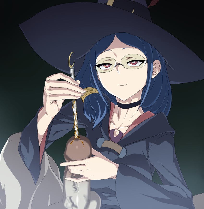 1boy 1girls alternate_version_available artist_request blue_hair censored clothed crazy female glasses insertion little_witch_academia long_hair male_urethral_insertion milf pain painful painful_insertion penis penis_insertion red_eyes simple_background stick thighs torture urethral_insertion ursula_callistis weird witch witch_hat