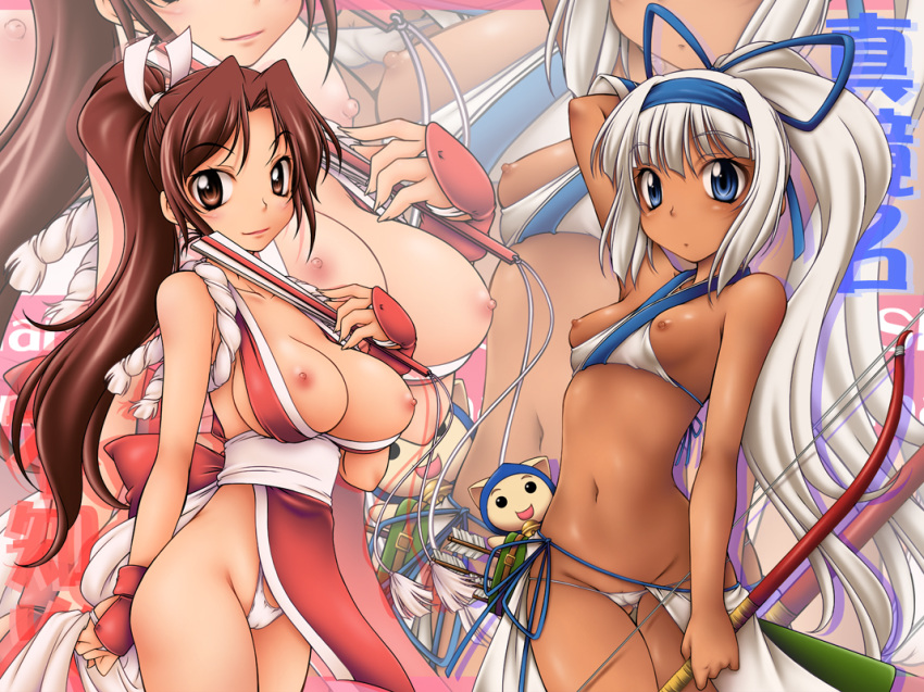 2girls blush bow_(weapon) breasts brown_eyes brown_hair cameltoe crown_brigade dark_skin female fingerless_gloves flat_chest gloves hair_ribbon hairband highleg highleg_panties hips human kenix king_of_fighters large_breasts long_hair lowleg lowleg_panties mai_shiranui majikina_mina multiple_girls navel nipples onizuka_takuto panties payot ponytail ribbon samurai_shodown smile snk thong tied_hair underwear weapon white_hair zoom_layer