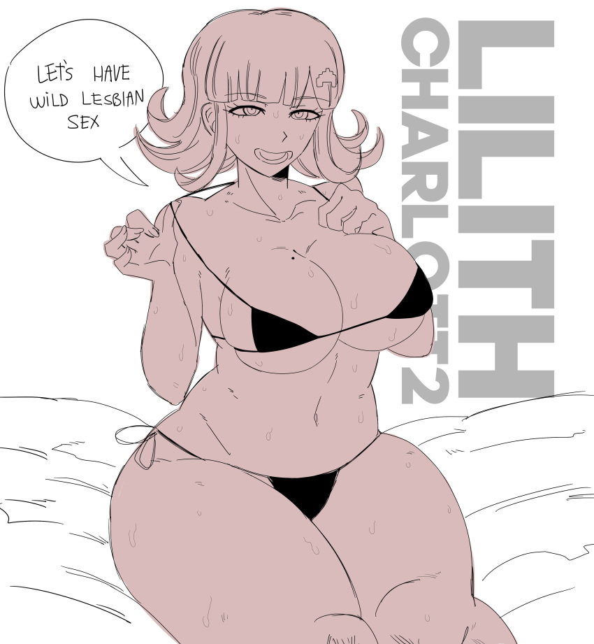 1girls big_ass big_breasts bikini breasts danganronpa danganronpa_2:_goodbye_despair dialogue dialogue_box dialogue_bubble english_dialogue english_text hair_ornament imminent_lesbian_sex lilithcharlott2 monochrome nanami_chiaki open_mouth short_hair sketch spread_pussy sweat text text_box thick_thighs thighs touching_breast vagina voluptuous voluptuous_female