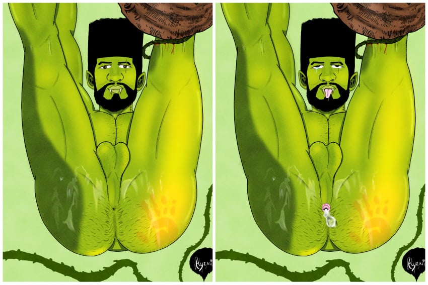 ahe_gao ahe_gao anal anus ass ass_focus bara cum_drip cum_in_ass gay green_skin handprint hyzali male_focus male_only orc orc_male tied_up