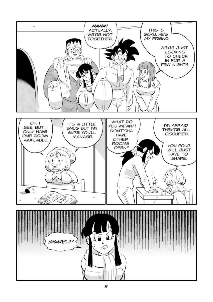 2boys 3girls android_8 angry big_breasts black_and_white breasts chichi comic dragon_ball dragon_ball_super dragon_ball_z funsexydragonball monochrome page_8 son_goku suno_(dragonball) sweatdrop