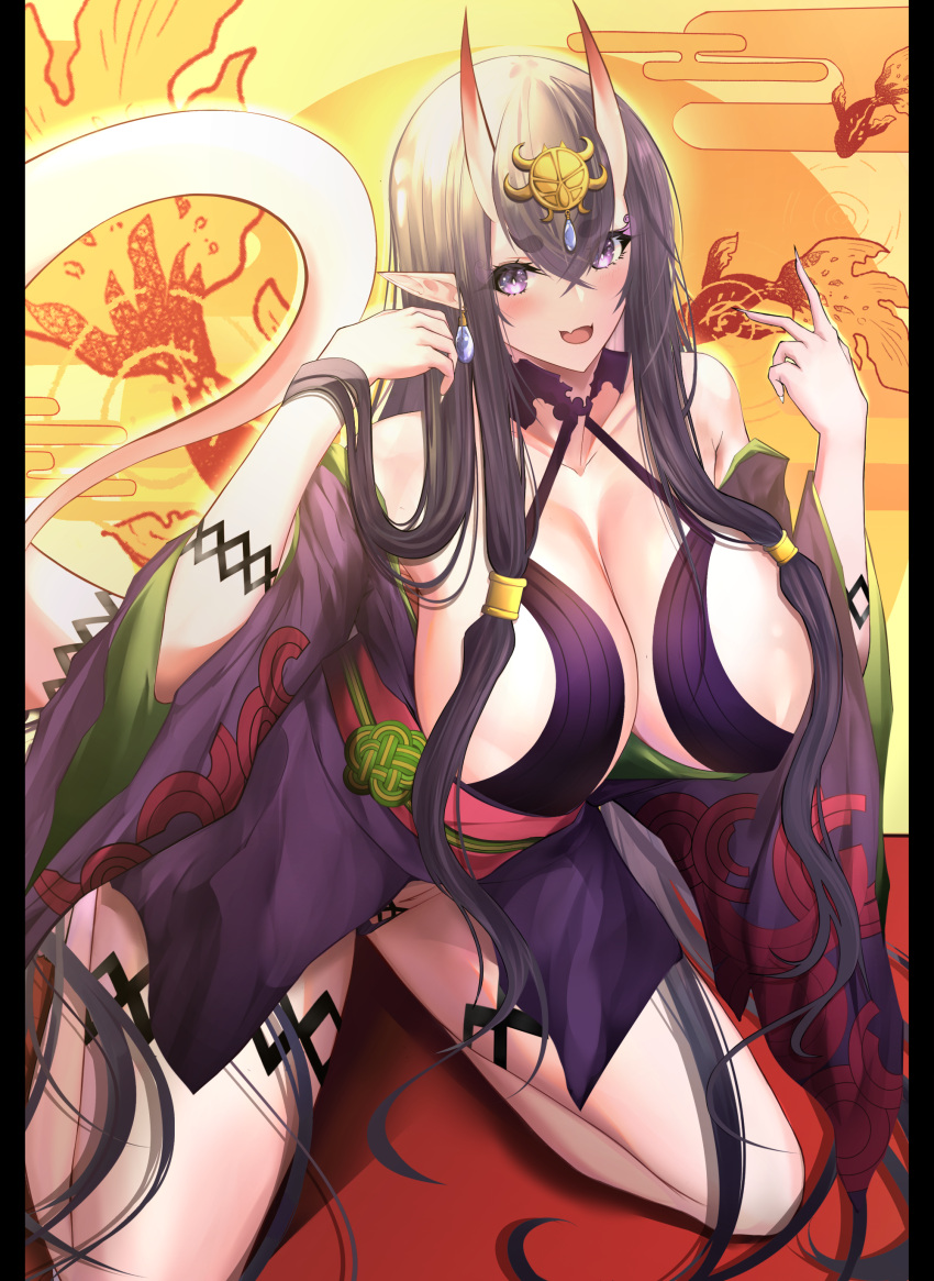 1girls big_breasts body_markings cosplay earrings fate/grand_order fate_(series) female fusion horns ibuki_douji_(fate) kimono long_ears long_hair purple_eyes purple_hair shuten_douji_(fate) solo spice_(spicezzumi) tail tattoo thick_thighs