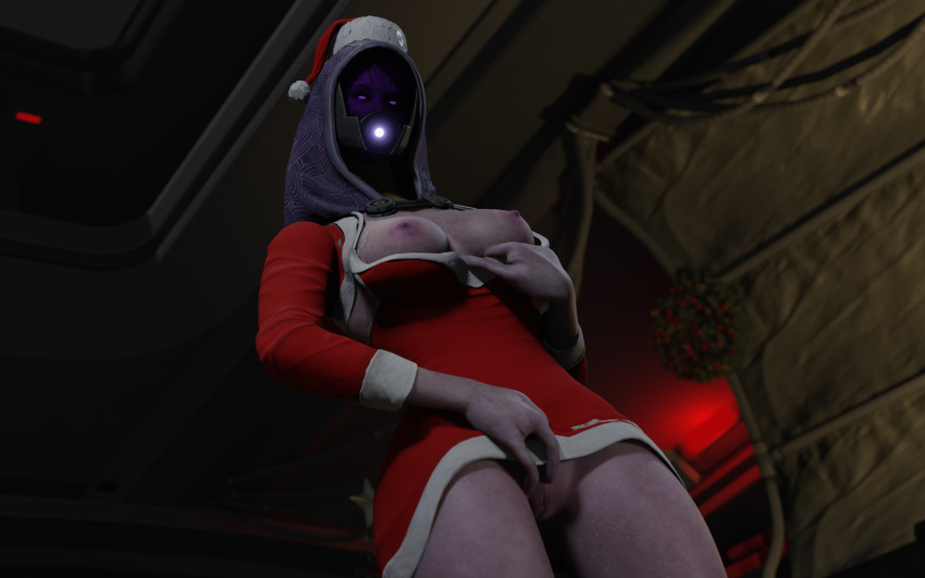 3d blender_(software) christmas facelesstrigger female new_year partially_clothed presenting purple_skin quarian tali'zorah_nar_rayya thick_thighs wide_hips