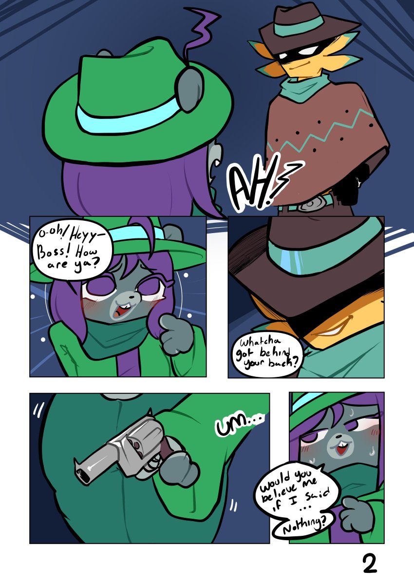 ass clothed clothing color comic comic_page cowboy_hat firearm furry gun handgun line_art mooch_(undertale_yellow) noriap page_2 revolver squirrel starlo_(undertale_yellow) text text_bubble thick_thighs undertale undertale_yellow weapon