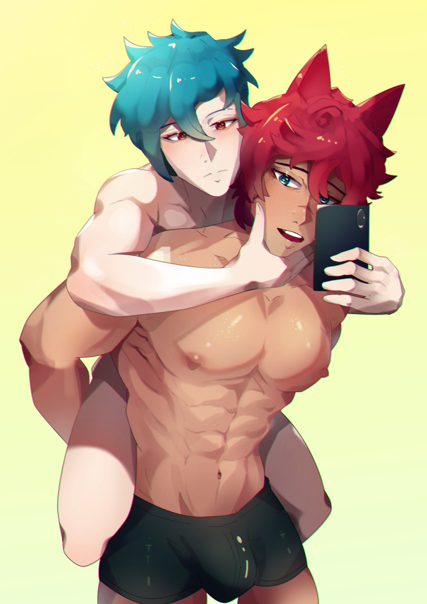 abs animal_ears aphelios blue_hair blue_hair_bottom boyfriends bulge chest domination gay heartsteel_aphelios heartsteel_series heartsteel_sett league_of_legends light_hair_on_dark_hair male male/male muscles muscular muscular_male nipples pale_skin pecs pectorals red_hair red_hair_on_blue_hair red_hair_top sett taking_picture taking_selfie tan_skin twink underwear underwear_only yaoi