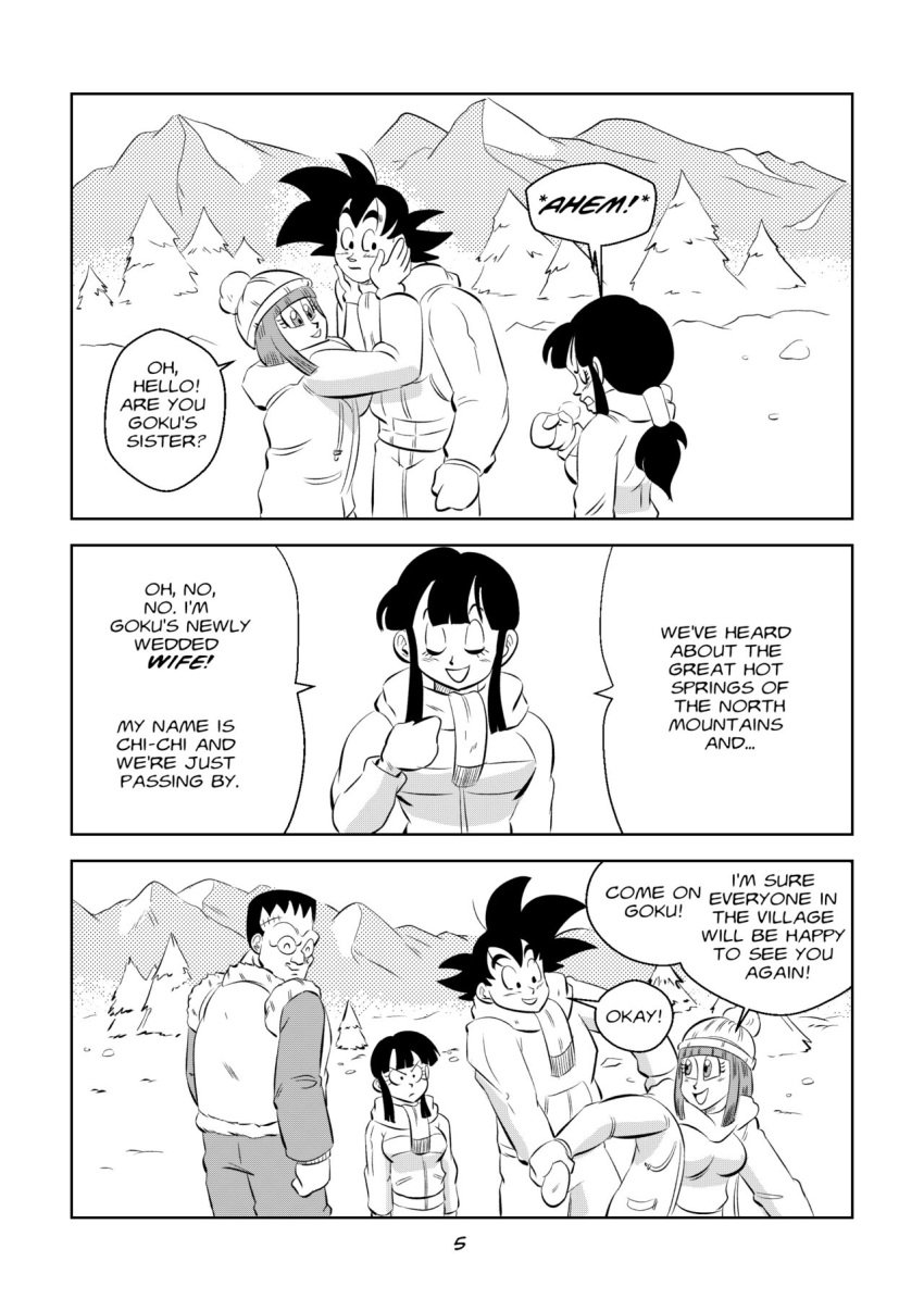 2boys 2girls android_8 black_and_white breasts chichi closed_eyes comic dragon_ball dragon_ball_super dragon_ball_z funsexydragonball hat mittens monochrome page_5 scarf smile son_goku suno_(dragonball)