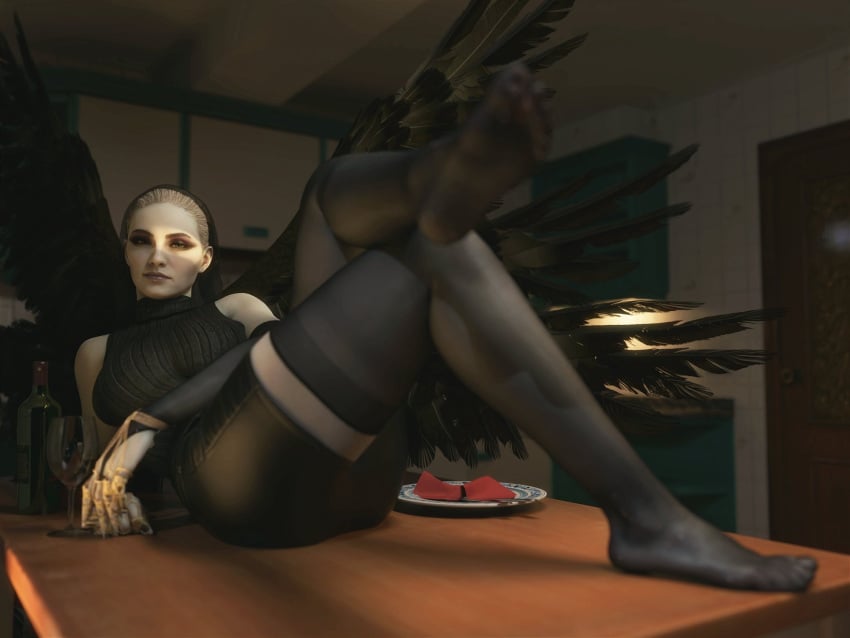 1girls 3d 3d_(artwork) 3d_model bare_legs barefoot black_clothing black_veil blonde_female blonde_hair blonde_hair_female capcom claws crossed_legs cutlery dining_room dining_table dinner dominant dominant_female domination feet feet_on_table female_pervert femdom foot_fetish foot_focus foot_on_table foot_worship gentle_mommy glass_of_wine goth goth_clothing goth_girl hypnosis hypnotized hypnotizing_viewer indoors jewelry leather_clothing leather_pants light-skinned_female looking_at_viewer malesub mother_miranda_(resident_evil) napkin no_shoes pale_skin plate presenting_feet resident_evil resident_evil_8:_village romantic romantic_ambiance solo solo_female solo_focus stockings submissive_male tablecloth veil white_skin wine wine_glass winged_humanoid wings word2