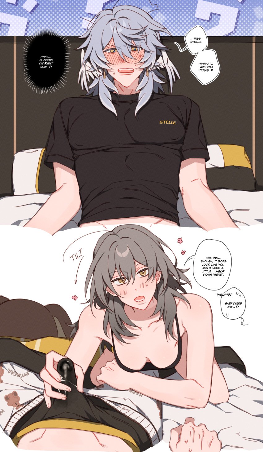 1boy 1girls assertive assertive_female bed blush breasts cum english_text erection female grey_hair hi_res highres honkai:_star_rail honkai_(series) imminent_sex light-skinned_female light_skin lying lying_on_back lying_on_bed majunjuu male mihoyo multiple_views penis precum stelle_(honkai:_star_rail) straight sunday_(honkai:_star_rail) text trailblazer_(honkai:_star_rail) wings wings_on_head