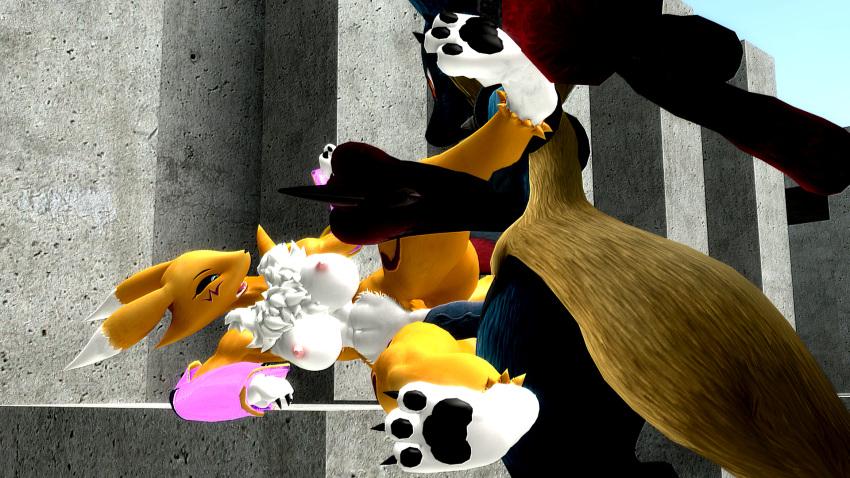 3d anthro bandai_namco canid canine crossover digimon digimon_(species) duo female fox genitals hi_res lucario male male/female mammal mega_evolution mega_lucario nintendo penetration penis pokemon pokemon_(species) renamon renamon_(warfaremchine) sex whowantstoknow