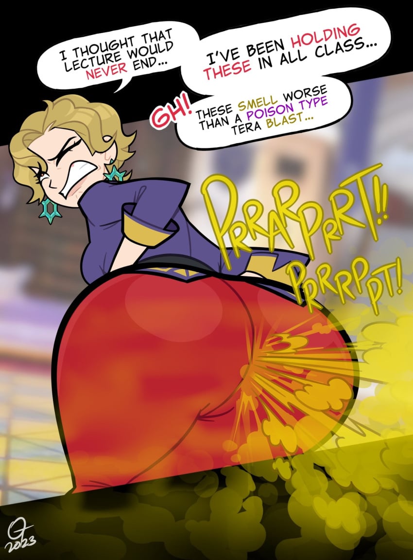 big_ass big_butt blonde_hair briar_(pokemon) commission dialogue earrings english_text fart fart_cloud fart_fetish farting farting_at_viewer farts female gassy gift_art huge_ass oddtenn onomatopoeia pants pokemon pokemon_sv red_pants sideboob speech_bubble tenuousoddity text yoshizilla