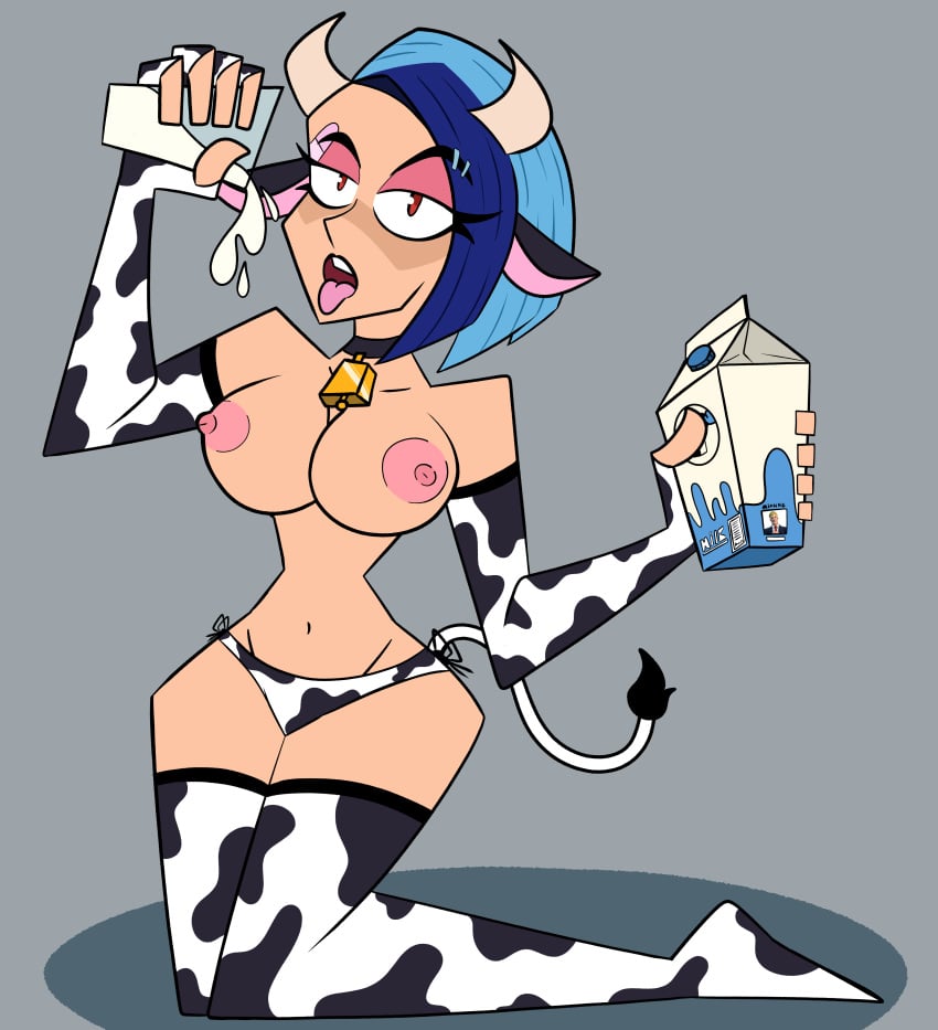 1female 1girls alternate_version_available areola areolae armwear bandage bell bell_collar big_breasts black_collar blue_hair breasts breasts_out catalyst_(fortnite) collar cow_bell cow_bikini cow_costume cow_ear cow_ears cow_horn cow_horns cow_print cow_print_armwear cow_print_bikini cow_print_panties cow_print_stockings cow_print_thong cow_suit cow_tail ear_piercing female female_only female_solo fortnite fortnite:_battle_royale glass_of_milk holding_glass holding_milk legwear looking_at_viewer mega_milk milk milk_carton mostly_nude nipples open_mouth pink_areola pink_bandage red_eyes simple_background simple_shading sitting socks solo solo_female solo_focus tagme tail tongue tongue_out