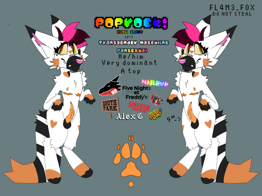 1boy adult_furry adult_male animation_meme_community black_fur canine community ear eyelashes eyes fandom fandoms ferr3tyxx_(artist) fl4m3_f0x_(artist) fox fox_ears fox_furry fox_fursona fox_tail furry furry_only fursona hair ibispaintx mastectomy_scar mohawk orange_fur pansexual pink_fur poprock_(fl4m3_f0x) procreate reference reference_sheet white_fur yellow_eyes yiff