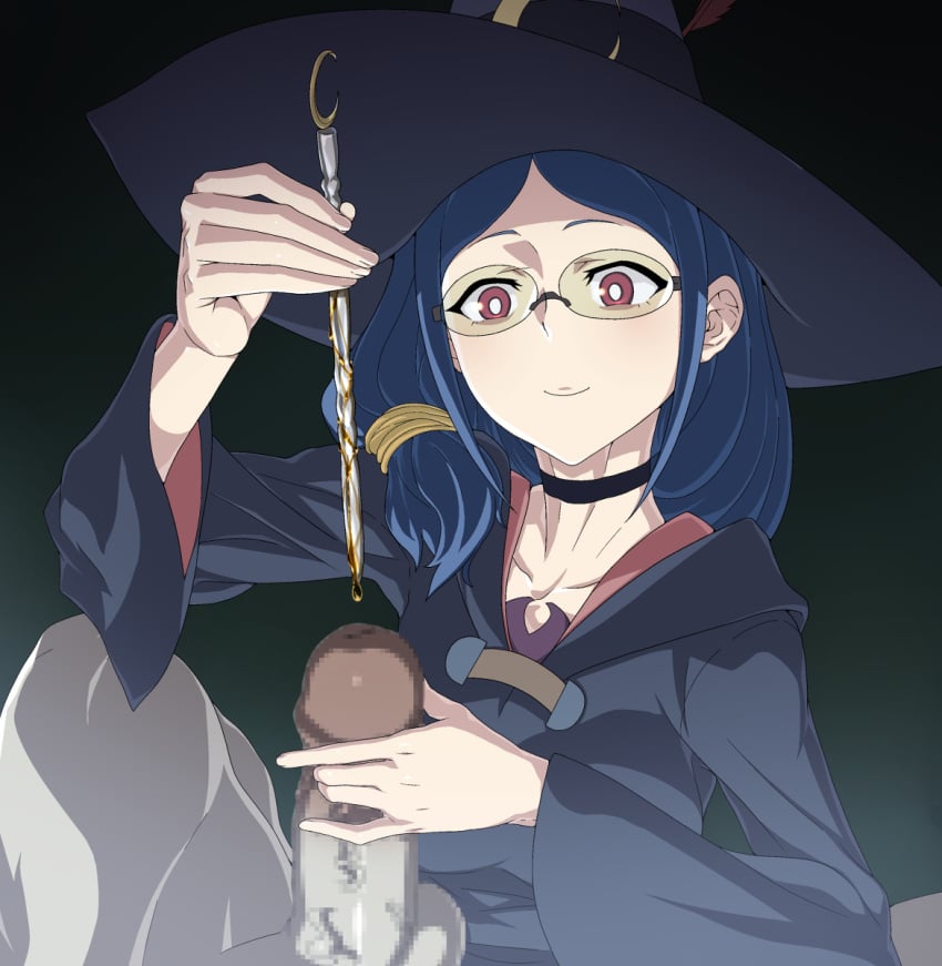 1boy 1girls artist_request blue_hair censored clothed crazy female glasses insertion little_witch_academia long_hair male_urethral_insertion milf pain painful painful_insertion penis penis_insertion red_eyes simple_background stick thighs torture urethral_insertion ursula_callistis weird witch witch_hat