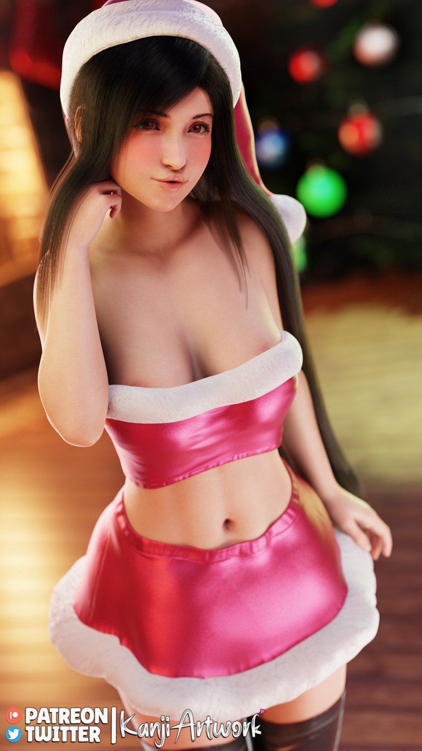 3d 3d_(artwork) belly belly_button big_breasts black_hair blush blushing_at_viewer christmas christmas_clothing christmas_outfit cleavage cute cute_face final_fantasy final_fantasy_vii holidays kanjiartwork kanjihentai long_hair looking_at_viewer navel nipple_slip nipples pouty_lips red_eyes santa_costume santa_hat skirt stockings thighhighs thighs tifa_lockhart