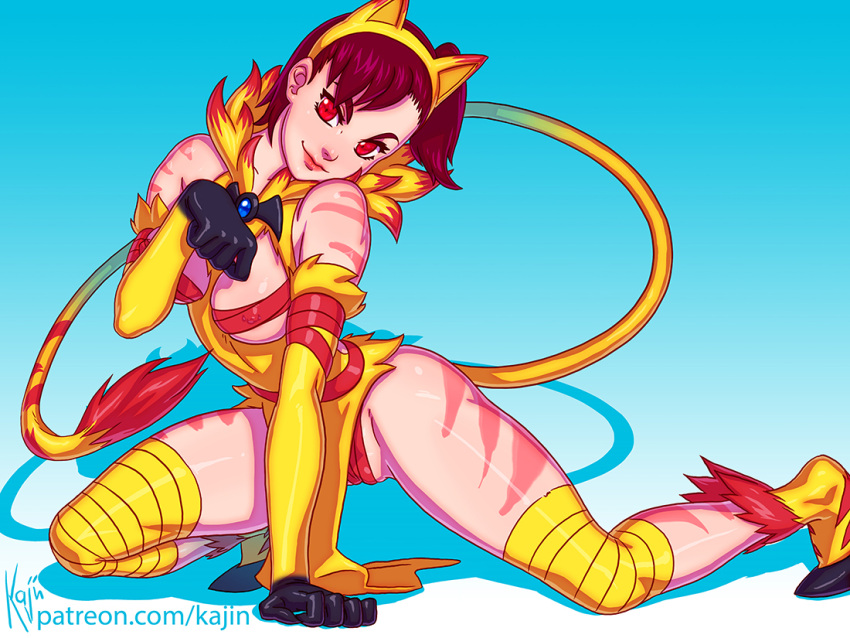 1girls brown_hair cat_ears cat_tail chest_wraps cosplay digimon digimon_(cosplay) digimon_tamers female female_only juri_katou kajinman looking_at_viewer paw_pose red_eyes saberleomon saberleomon_(cosplay) solo tail wraps