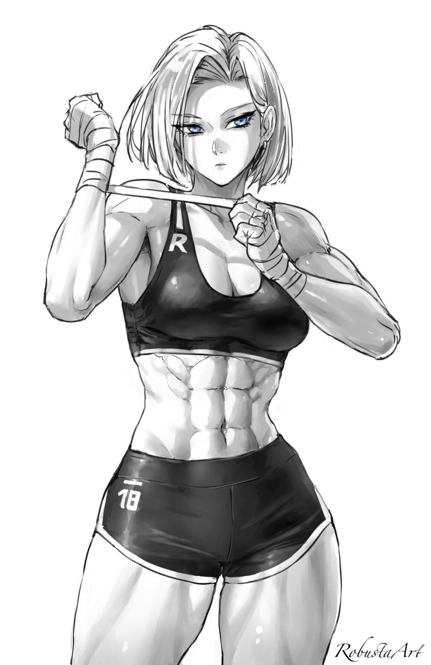 1girls android_18 blush breasts dragon_ball dragon_ball_z fit fit_female greyscale gym_clothes looking_at_viewer monochrome muscular robustaart shorts sports_bra thick_thighs thunder_thighs toned toned_female