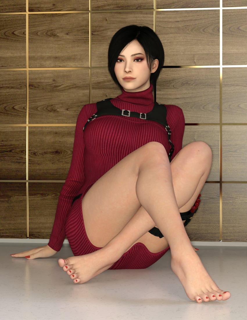 3d 3d_(artwork) ada_wong barefoot booleanvalue capcom elegant female_only legs nail_polish posing red_dress red_nails resident_evil resident_evil_4 short_hair stare toenail_polish